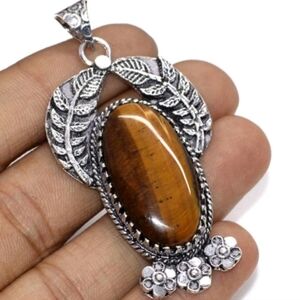 Tiger's Eye Gemstone 925 Sterling Silver Leaf Pendant Necklace